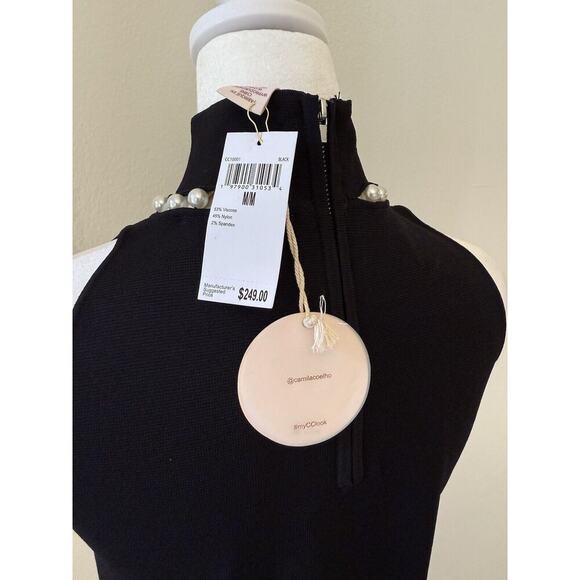 Camila Coelho Black Stretch Pearl Mock Neck Sheath Dress Size Medium NWT - Picture 5 of 10